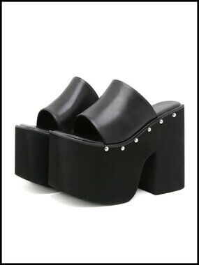 PU Chunky Platform Goth Slides Sandals with Studded Casual Square Open Toe High